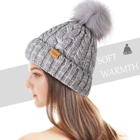 Womens Winter Warm Fleece Lined Knitted Soft Ski Cuff Beanie Hat with Pom Pom - Picture 3 of 8